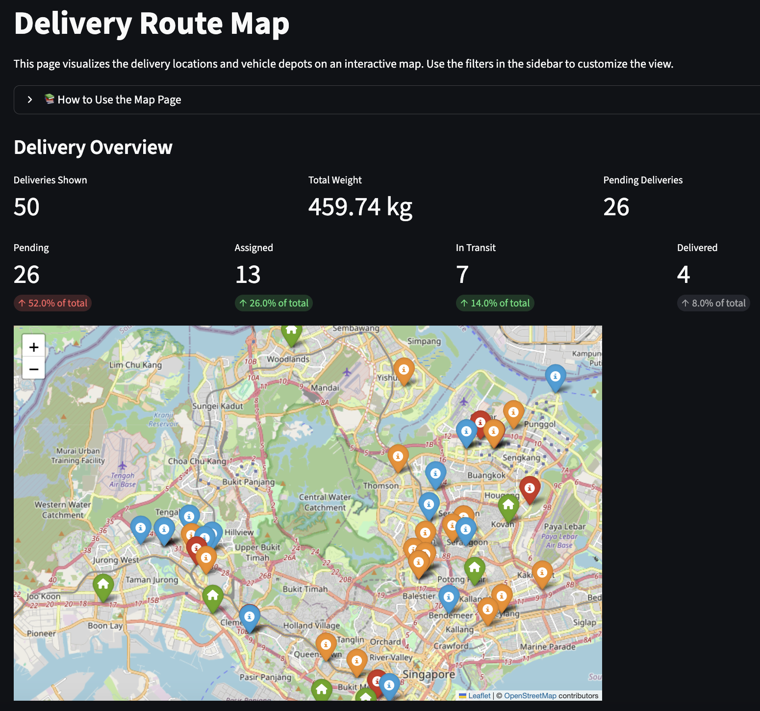 Interactive map showing routes, depots, and delivery clusters