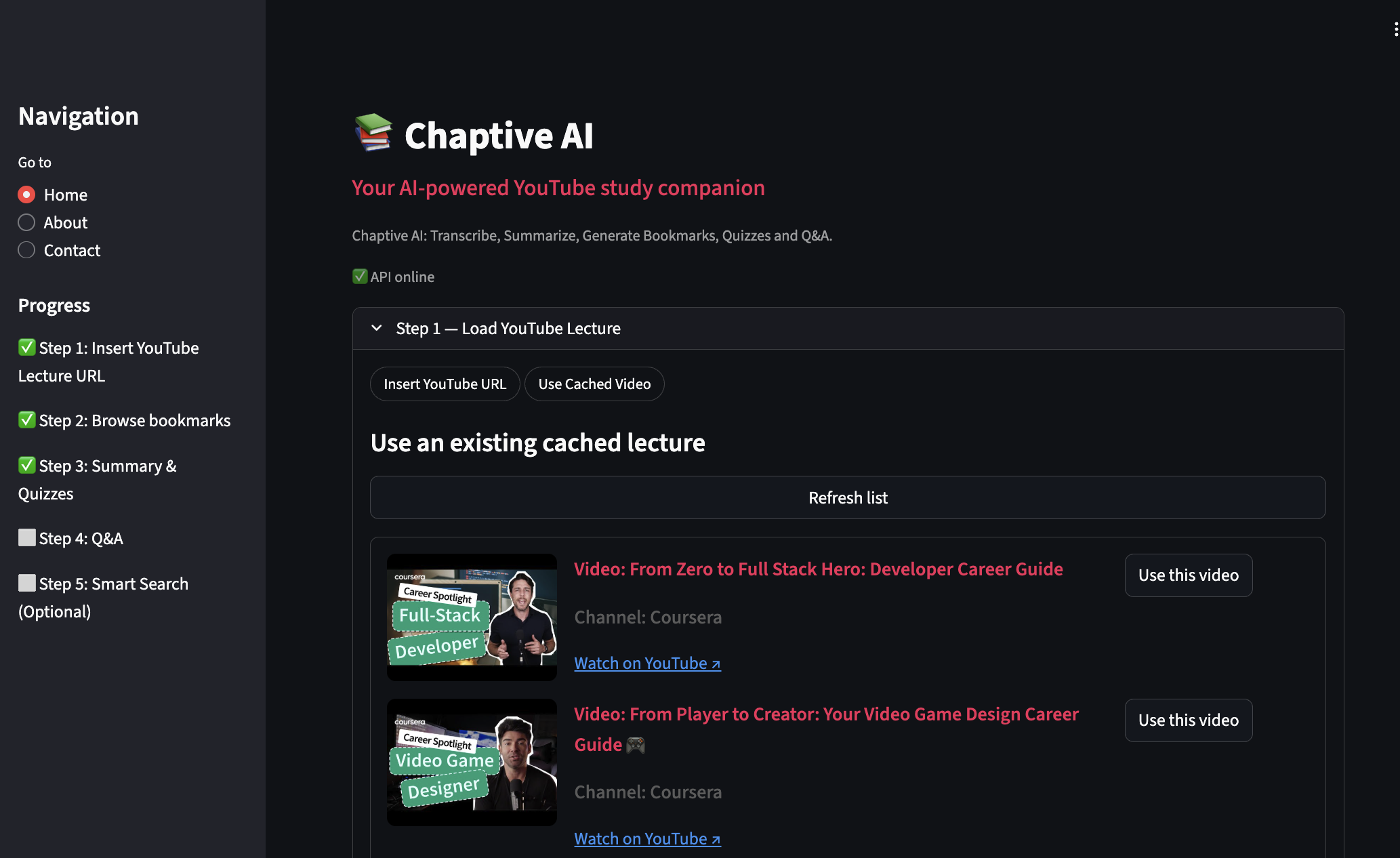 Step 1 interface showing YouTube URL input, metadata preview, and Run button